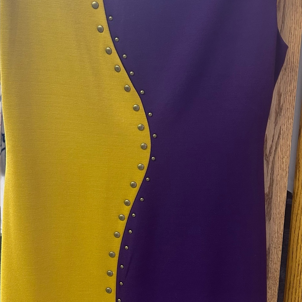 Donna Ricco color block dress with metallic studs.